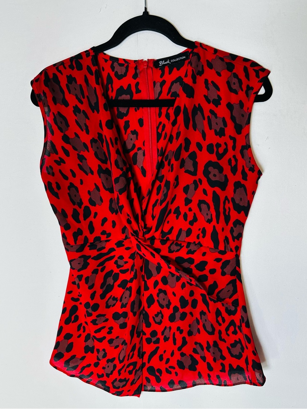 Vintage Y2K Black Collection Red Leopard Print Deep V Twist Front Chiffon Top XS